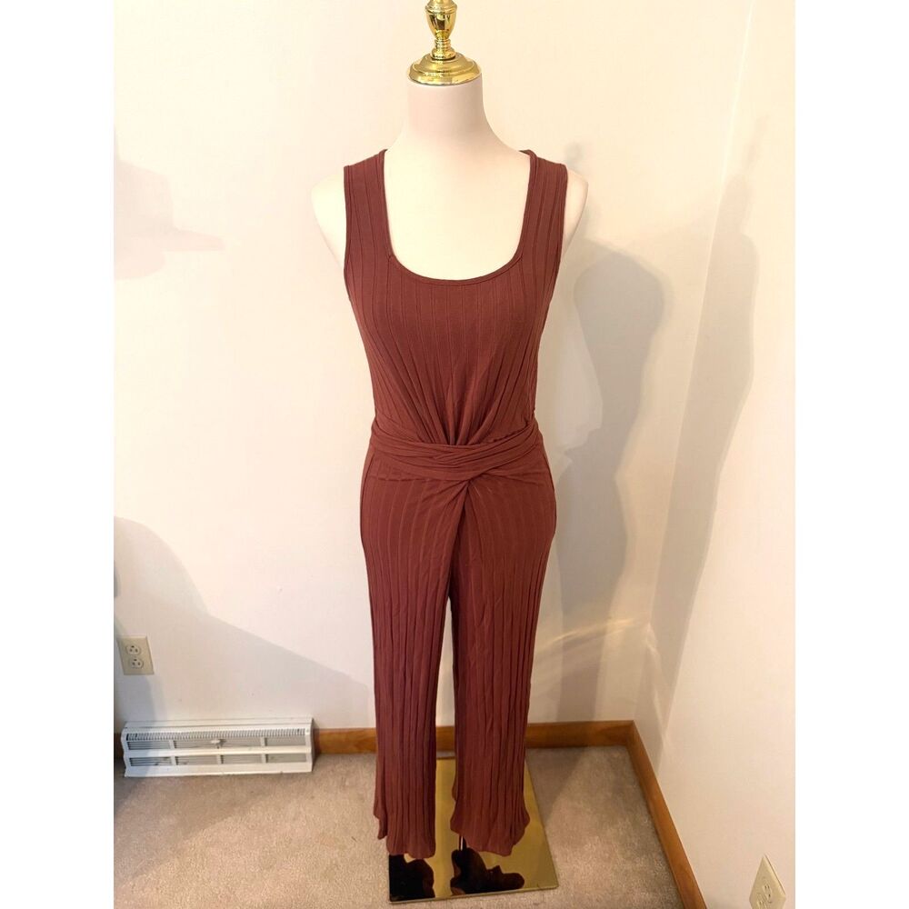 Amour Vert Briar Ribbed Tie Waist Jumpsuit Earth Brown Size S